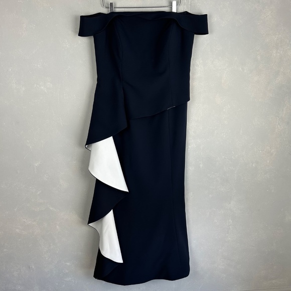 Alexander by Daymor size 16 maxi gown 1060 off shoulder ruffled skirt navy white - Picture 2 of 15